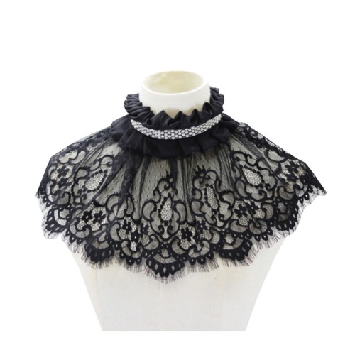 Black beaded lace false collar - black,