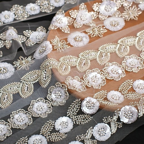 Silver beaded applique trim - applique,